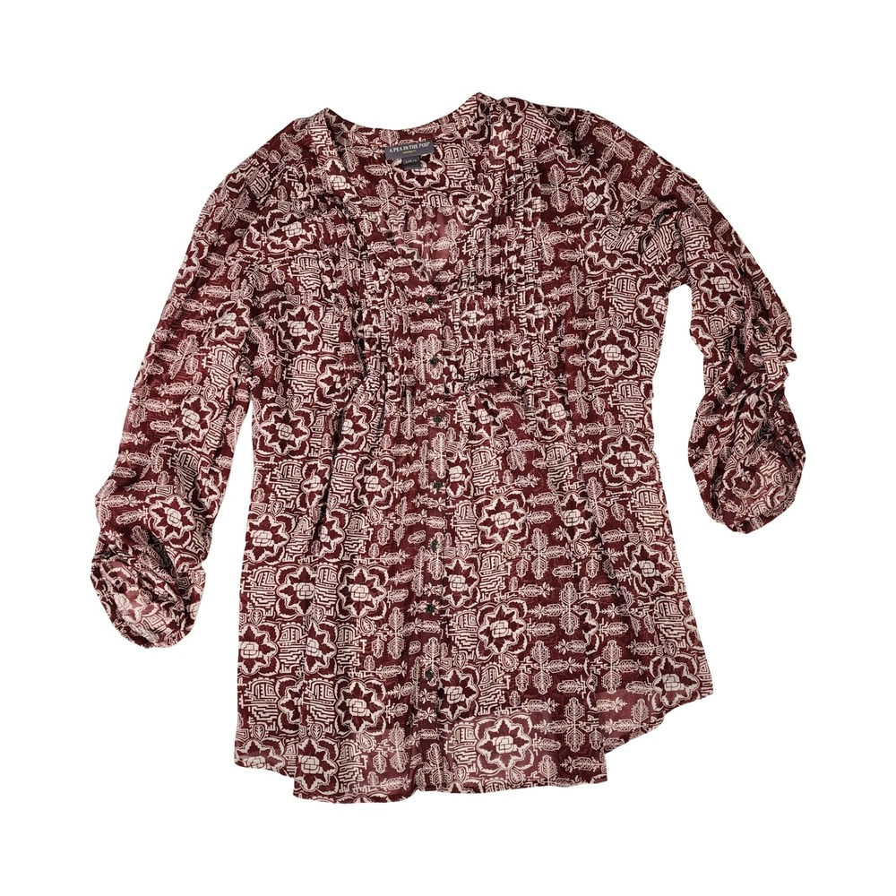 A Pea in the Pod Maternity Blouse Large‎ Burgundy Geometric Pintuck Roll Tab Top